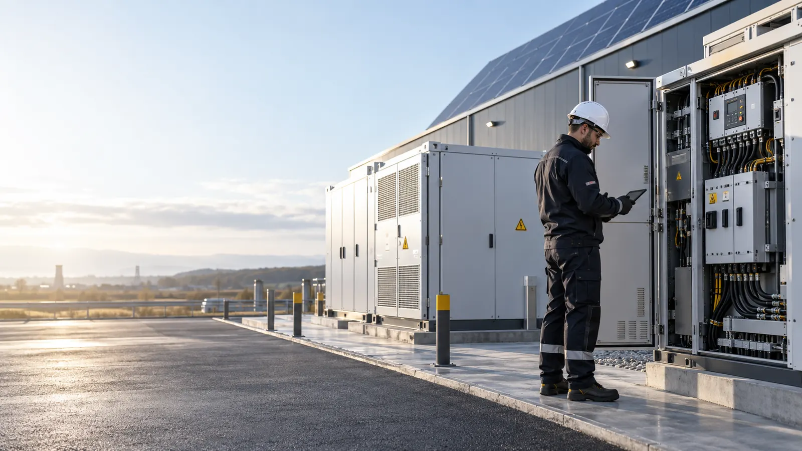 Technik z tabletem przy otwartej rozdzielnicy, w tle kontenery magazynu energii i dach z fotowoltaiką